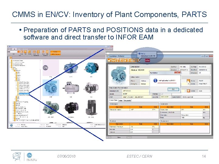 CMMS in EN/CV: Inventory of Plant Components, PARTS • Preparation of PARTS and POSITIONS