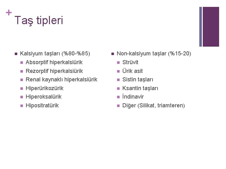 + Taş tipleri n Kalsiyum taşları (%80 -%85) n Non-kalsiyum taşlar (%15 -20) n + Taş tipleri n Kalsiyum taşları (%80 -%85) n Non-kalsiyum taşlar (%15 -20) n
