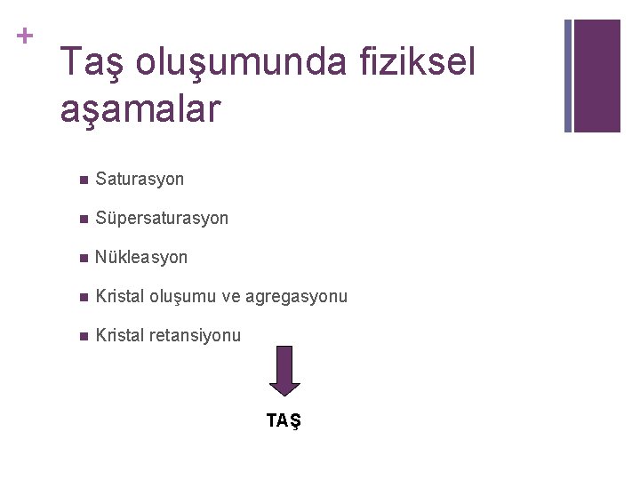 + Taş oluşumunda fiziksel aşamalar n Saturasyon n Süpersaturasyon n Nükleasyon n Kristal oluşumu + Taş oluşumunda fiziksel aşamalar n Saturasyon n Süpersaturasyon n Nükleasyon n Kristal oluşumu