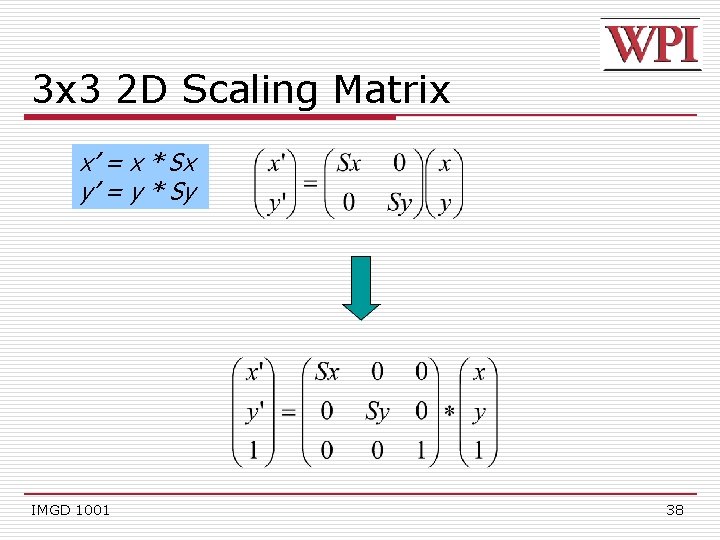 3 x 3 2 D Scaling Matrix x’ = x * Sx y’ =