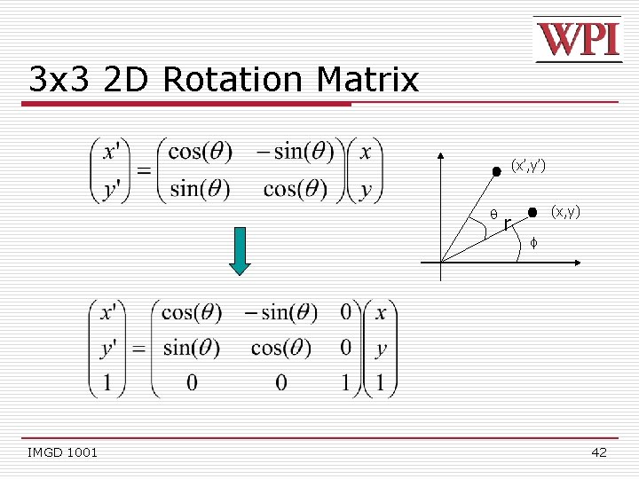 3 x 3 2 D Rotation Matrix (x’, y’) IMGD 1001 r (x, y)