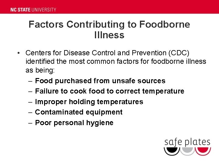 Factors Contributing to Foodborne Illness • Centers for Disease Control and Prevention (CDC) identified Factors Contributing to Foodborne Illness • Centers for Disease Control and Prevention (CDC) identified