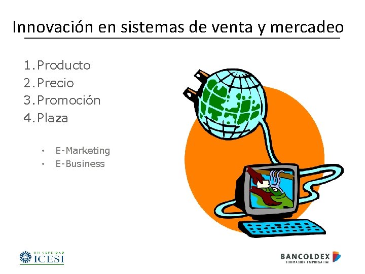 Innovación en sistemas de venta y mercadeo 1. Producto 2. Precio 3. Promoción 4.