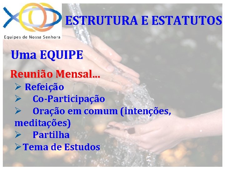 ESTRUTURA E ESTATUTOS Uma EQUIPE Reunião Mensal. . . Ø Refeição Ø Co-Participação Ø