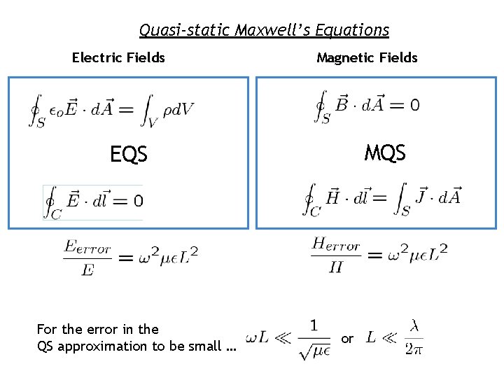 Quasi-static Maxwell’s Equations Electric Fields Magnetic Fields MQS EQS For the error in the
