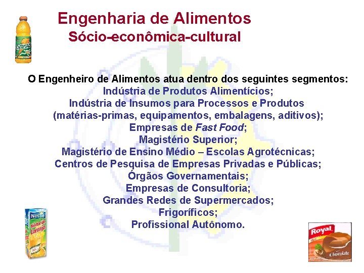 Engenharia de Alimentos Sócio-econômica-cultural O Engenheiro de Alimentos atua dentro dos seguintes segmentos: Indústria