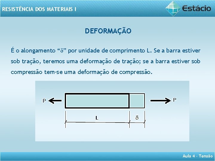 RESISTÊNCIA DOS MATERIAIS I DEFORMAÇÃO É o alongamento “ ” por unidade de comprimento