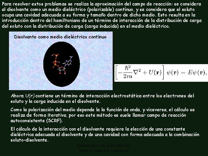 Para resolver estos problemas se realiza la aproximación del campo de reacción: se considera