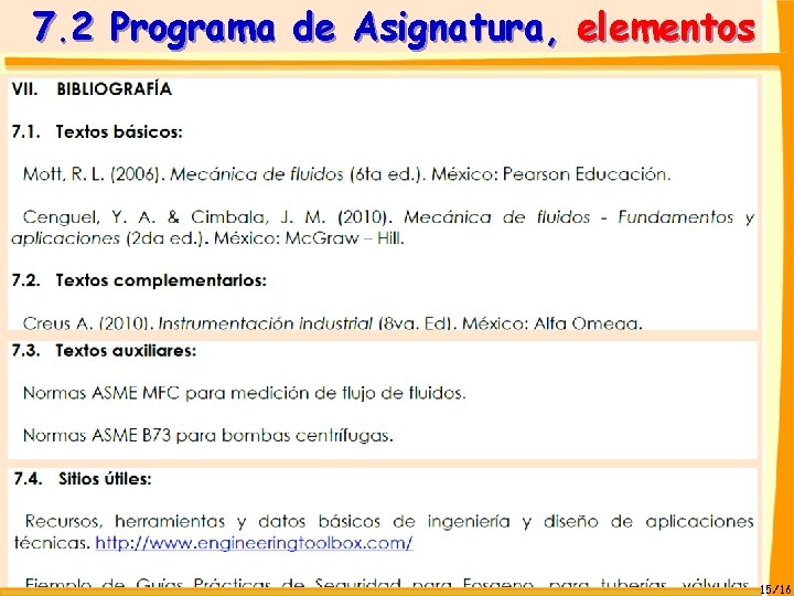 7. 2 Programa de Asignatura, elementos 15/16 