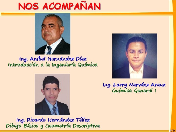 NOS ACOMPAÑAN Ing. Aníbal Hernández Díaz Introducción a la Ingeniería Química Ing. Larry Narváez