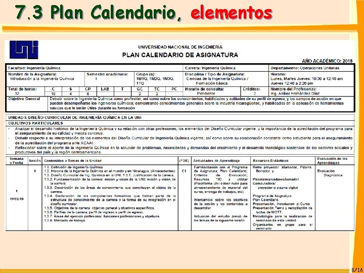 7. 3 Plan Calendario, elementos 8/16 