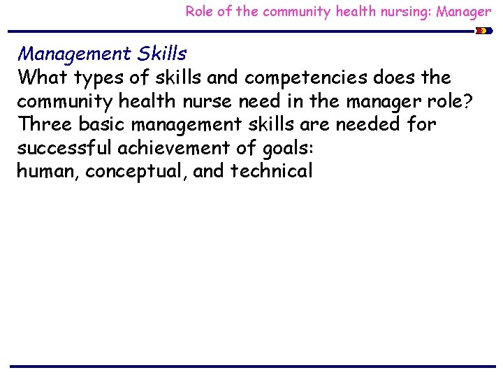 Role of the community health nursing: Manager Management Skills What types of skills and