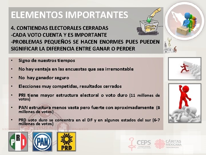 ELEMENTOS IMPORTANTES 4. CONTIENDAS ELECTORALES CERRADAS -CADA VOTO CUENTA Y ES IMPORTANTE -PROBLEMAS PEQUEÑOS