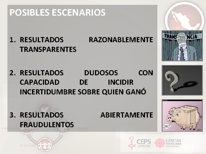 POSIBLES ESCENARIOS 1. RESULTADOS TRANSPARENTES RAZONABLEMENTE 2. RESULTADOS DUDOSOS CON CAPACIDAD DE INCIDIR INCERTIDUMBRE