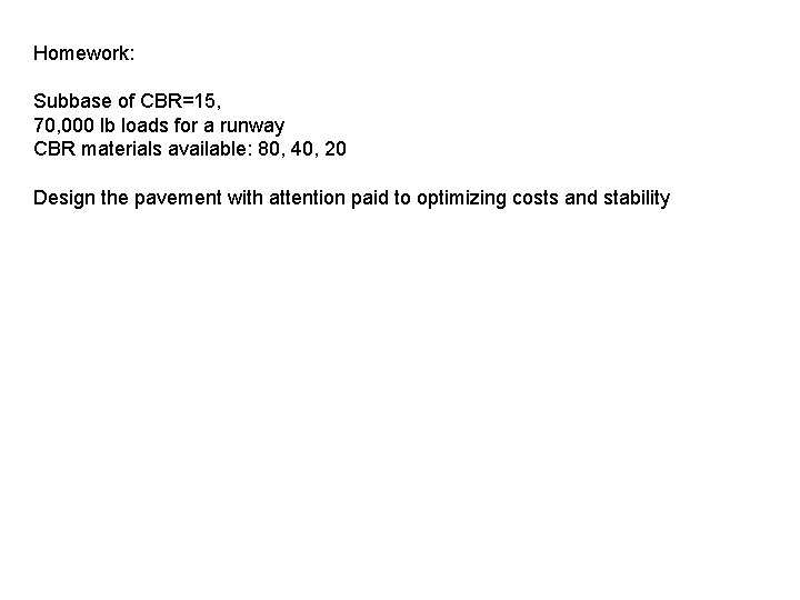 Homework: Subbase of CBR=15, 70, 000 lb loads for a runway CBR materials available: