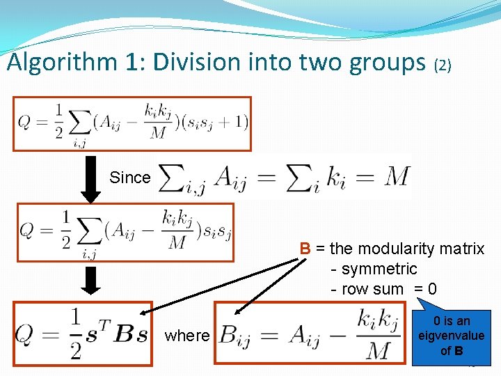 Algorithm 1: Division into two groups (2) Since B = the modularity matrix -