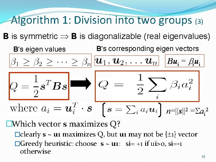 Algorithm 1: Division into two groups (3) B is symmetric B is diagonalizable (real