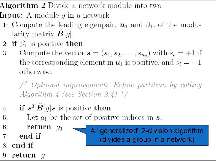 A "generalized" 2 -division algorithm (divides a group in a network) 22 