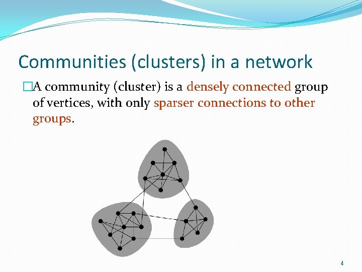 Communities (clusters) in a network �A community (cluster) is a densely connected group of