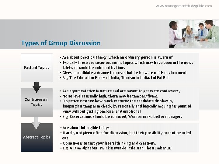 www. managementstudyguide. com Types of Group Discussion Factual Topics • Are about practical things,