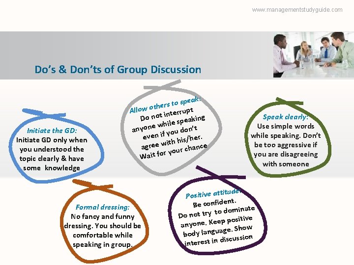 www. managementstudyguide. com Do’s & Don’ts of Group Discussion Initiate the GD: Initiate GD