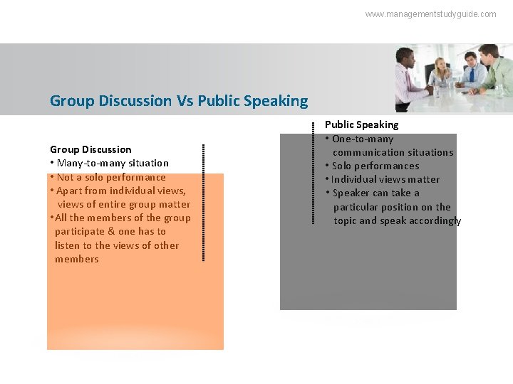 www. managementstudyguide. com Group Discussion Vs Public Speaking Group Discussion • Many-to-many situation •