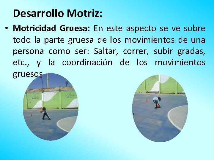 Desarrollo Motriz: • Motricidad Gruesa: En este aspecto se ve sobre todo la parte
