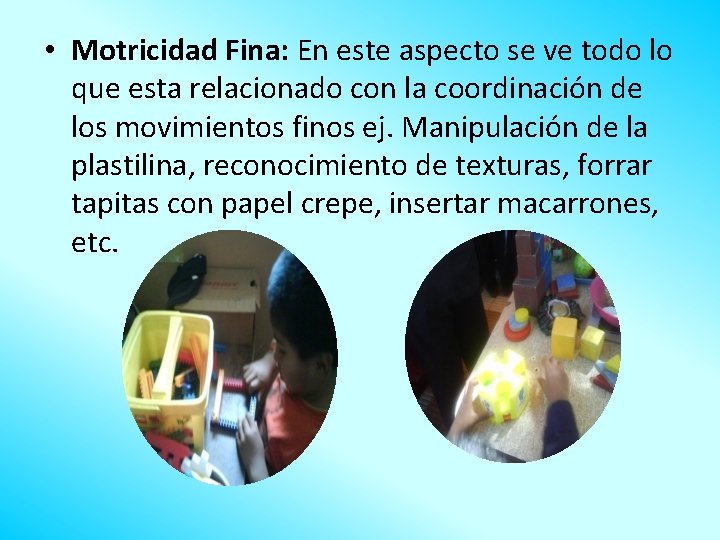  • Motricidad Fina: En este aspecto se ve todo lo que esta relacionado