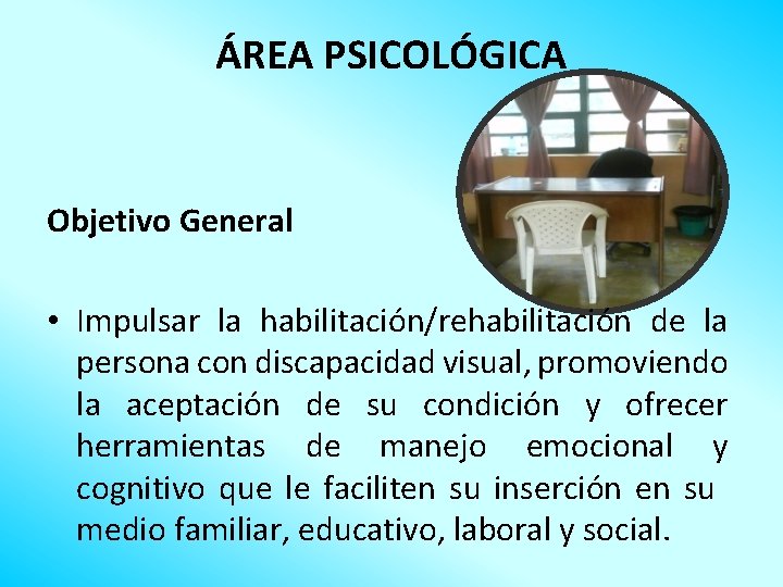 ÁREA PSICOLÓGICA Objetivo General • Impulsar la habilitación/rehabilitación de la persona con discapacidad visual,