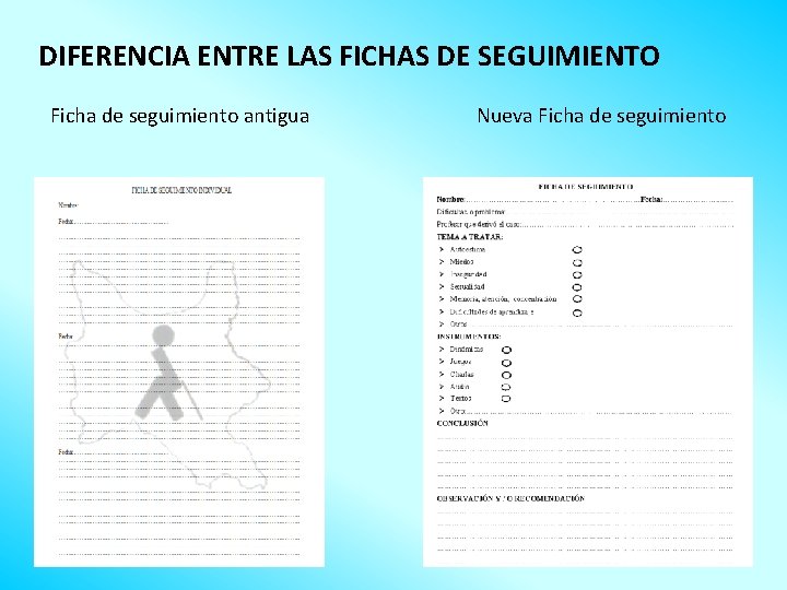 DIFERENCIA ENTRE LAS FICHAS DE SEGUIMIENTO Ficha de seguimiento antigua Nueva Ficha de seguimiento