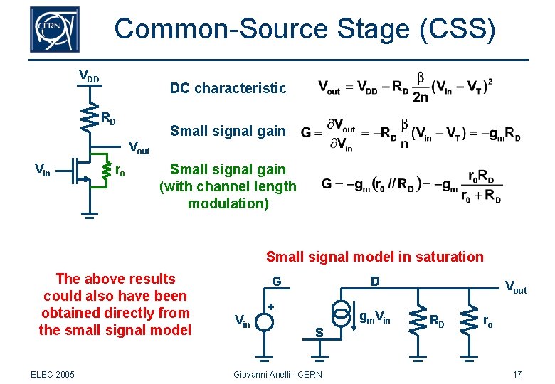 Common-Source Stage (CSS) VDD DC characteristic RD Small signal gain Vout Vin ro Small Common-Source Stage (CSS) VDD DC characteristic RD Small signal gain Vout Vin ro Small