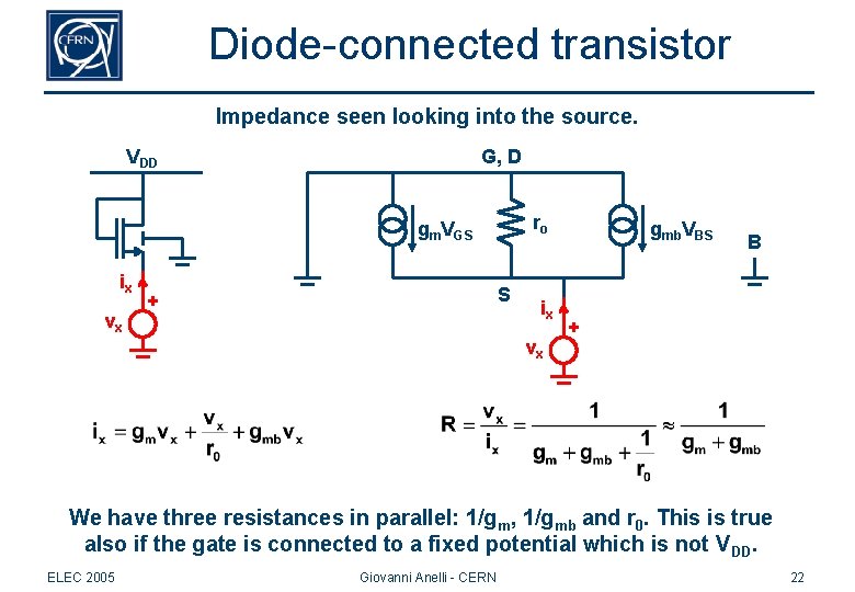 Diode-connected transistor Impedance seen looking into the source. VDD G, D ro gm. VGS Diode-connected transistor Impedance seen looking into the source. VDD G, D ro gm. VGS