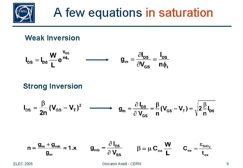 A few equations in saturation Weak Inversion Strong Inversion ELEC 2005 Giovanni Anelli - A few equations in saturation Weak Inversion Strong Inversion ELEC 2005 Giovanni Anelli -