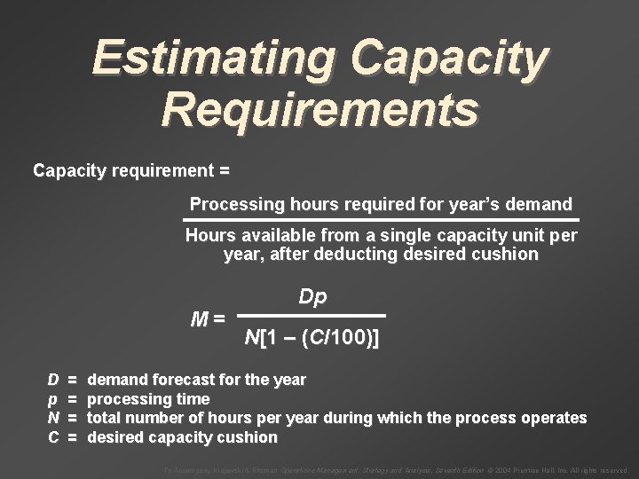 Estimating Capacity Requirements Capacity requirement = Processing hours required for year’s demand Hours available