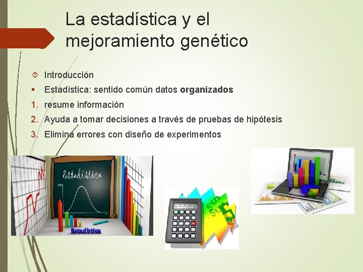 La estadística y el mejoramiento genético Introducción § Estadística: sentido común datos organizados 1.