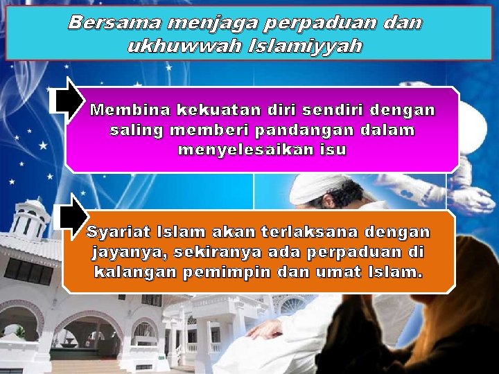 Bersama menjaga perpaduan dan ukhuwwah Islamiyyah Membina kekuatan diri sendiri dengan saling memberi pandangan