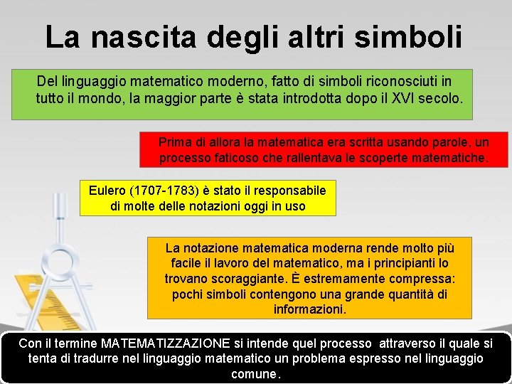 La nascita degli altri simboli Del linguaggio matematico moderno, fatto di simboli riconosciuti in
