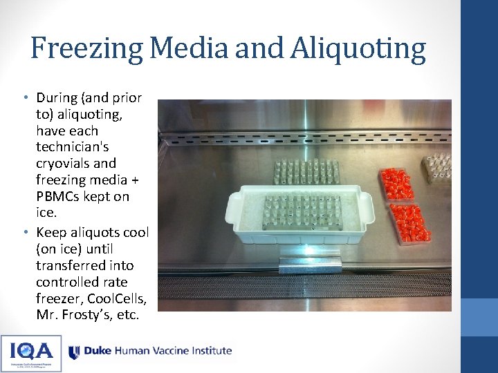 Freezing Media and Aliquoting • During (and prior to) aliquoting, have each technician's cryovials Freezing Media and Aliquoting • During (and prior to) aliquoting, have each technician's cryovials