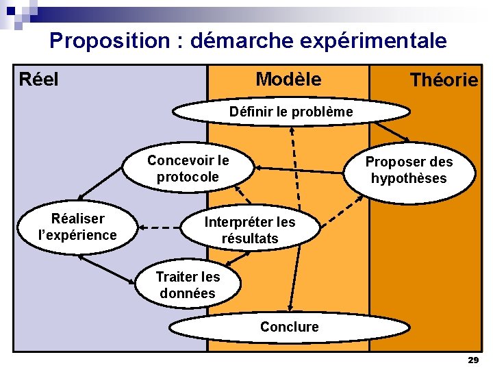 Proposition : démarche expérimentale Réel Modèle Théorie Définir le problème Concevoir le protocole Réaliser