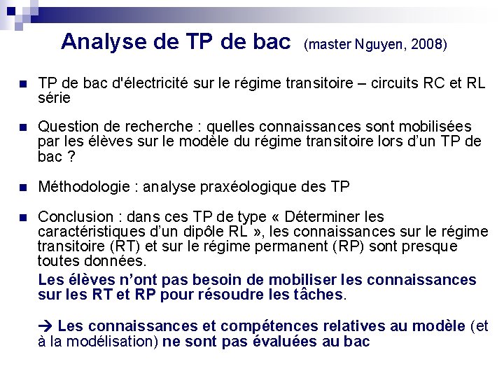 Analyse de TP de bac (master Nguyen, 2008) n TP de bac d'électricité sur