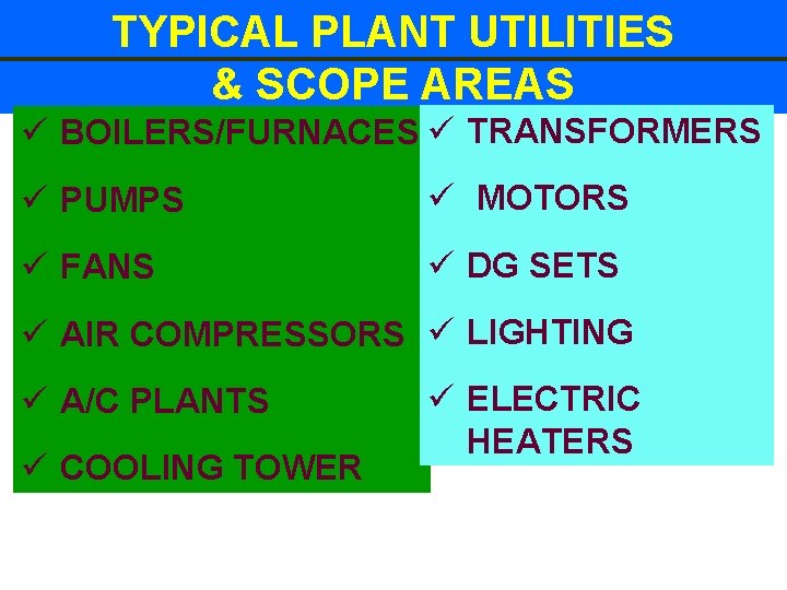 TYPICAL PLANT UTILITIES & SCOPE AREAS ü BOILERS/FURNACES ü TRANSFORMERS ü PUMPS ü MOTORS
