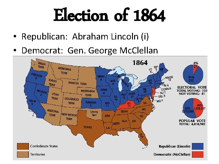 Election of 1864 • Republican: Abraham Lincoln (i) • Democrat: Gen. George Mc. Clellan