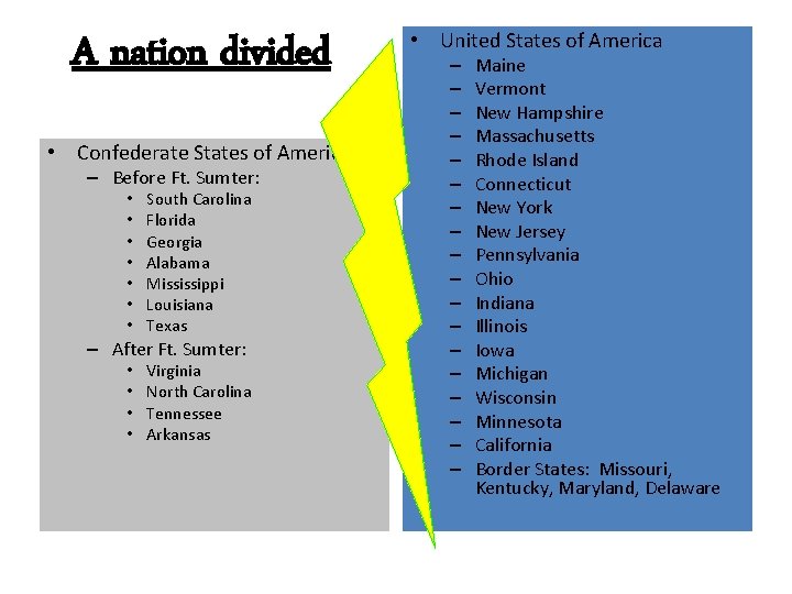 A nation divided • Confederate States of America: – Before Ft. Sumter: • •