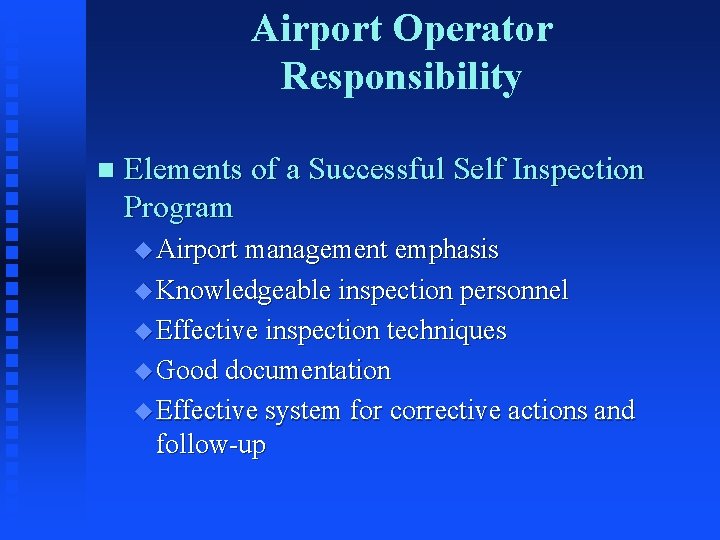 Airport Operator Responsibility n Elements of a Successful Self Inspection Program u Airport management