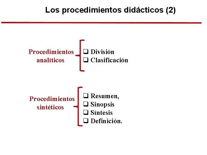 Los procedimientos didácticos (2) Procedimientos analíticos q División q Clasificación Procedimientos sintéticos q Resumen,