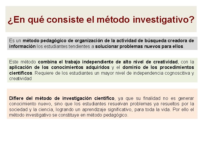 ¿En qué consiste el método investigativo? Es un método pedagógico de organización de la