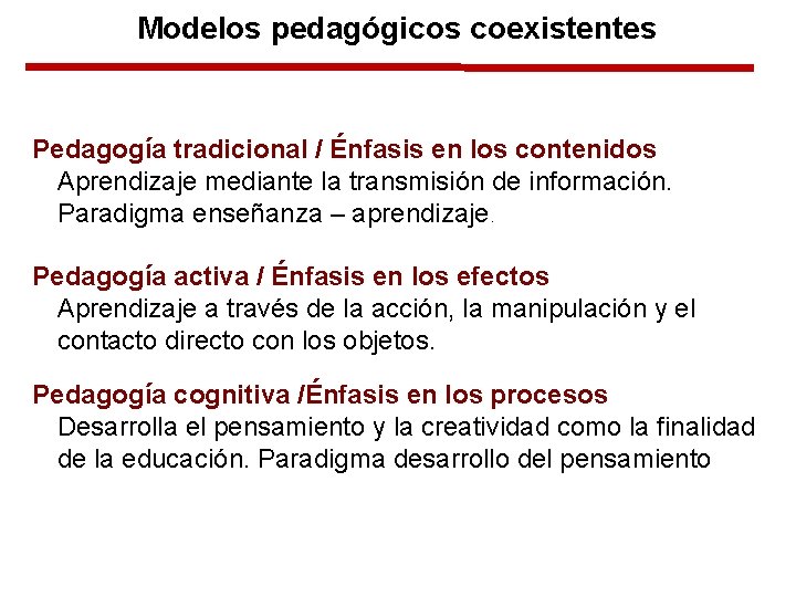 Modelos pedagógicos coexistentes Pedagogía tradicional / Énfasis en los contenidos Aprendizaje mediante la transmisión