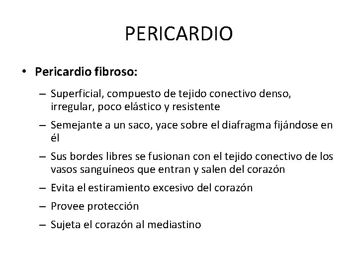 PERICARDIO • Pericardio fibroso: – Superficial, compuesto de tejido conectivo denso, irregular, poco elástico