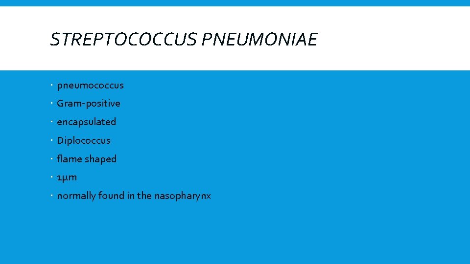 STREPTOCOCCUS PNEUMONIAE pneumococcus Gram-positive encapsulated Diplococcus flame shaped 1µm normally found in the nasopharynx