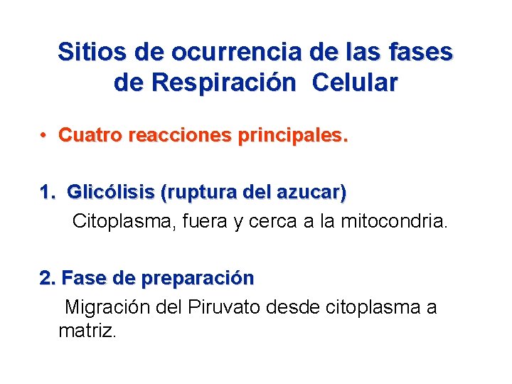 Sitios de ocurrencia de las fases de Respiración Celular • Cuatro reacciones principales. 1.